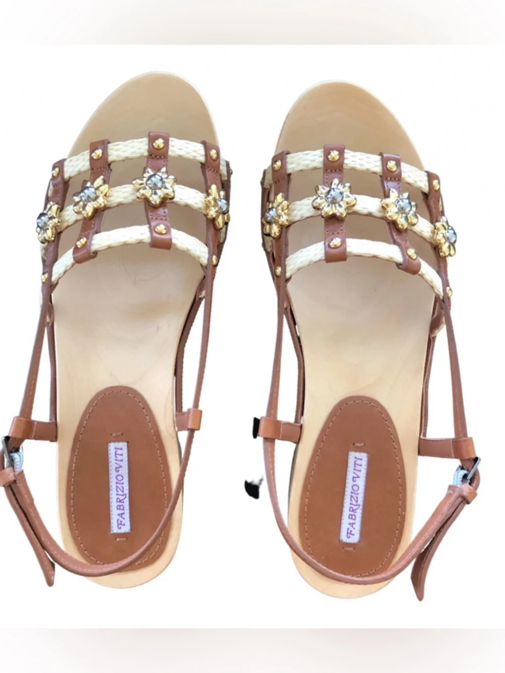 Fabrizio Viti Sofia Leather & Raffia Sandal Size 11 Luxury Coastal Vacation Boho